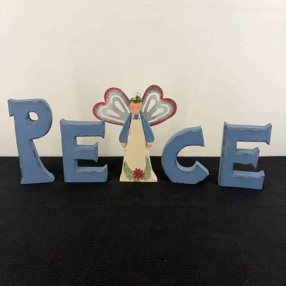 Rustic Wood PEACE Christmas Letters Angel Metal Heart Wings Shabby Chic Country